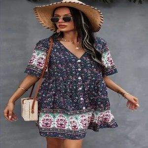 Floral V Neck Ruffle Short Dress Short Sleeve